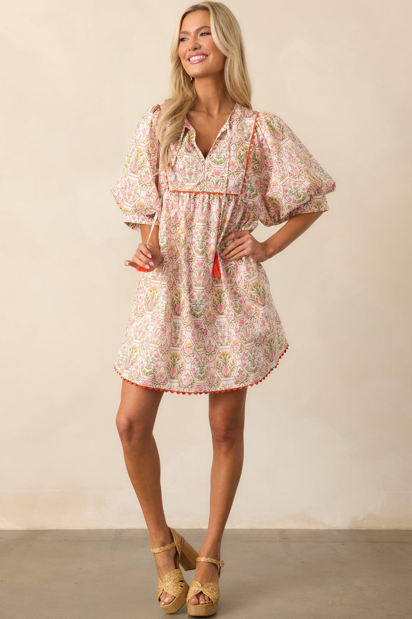 A Little Something Orange Geometric Floral Cotton Mini Dress Product Image