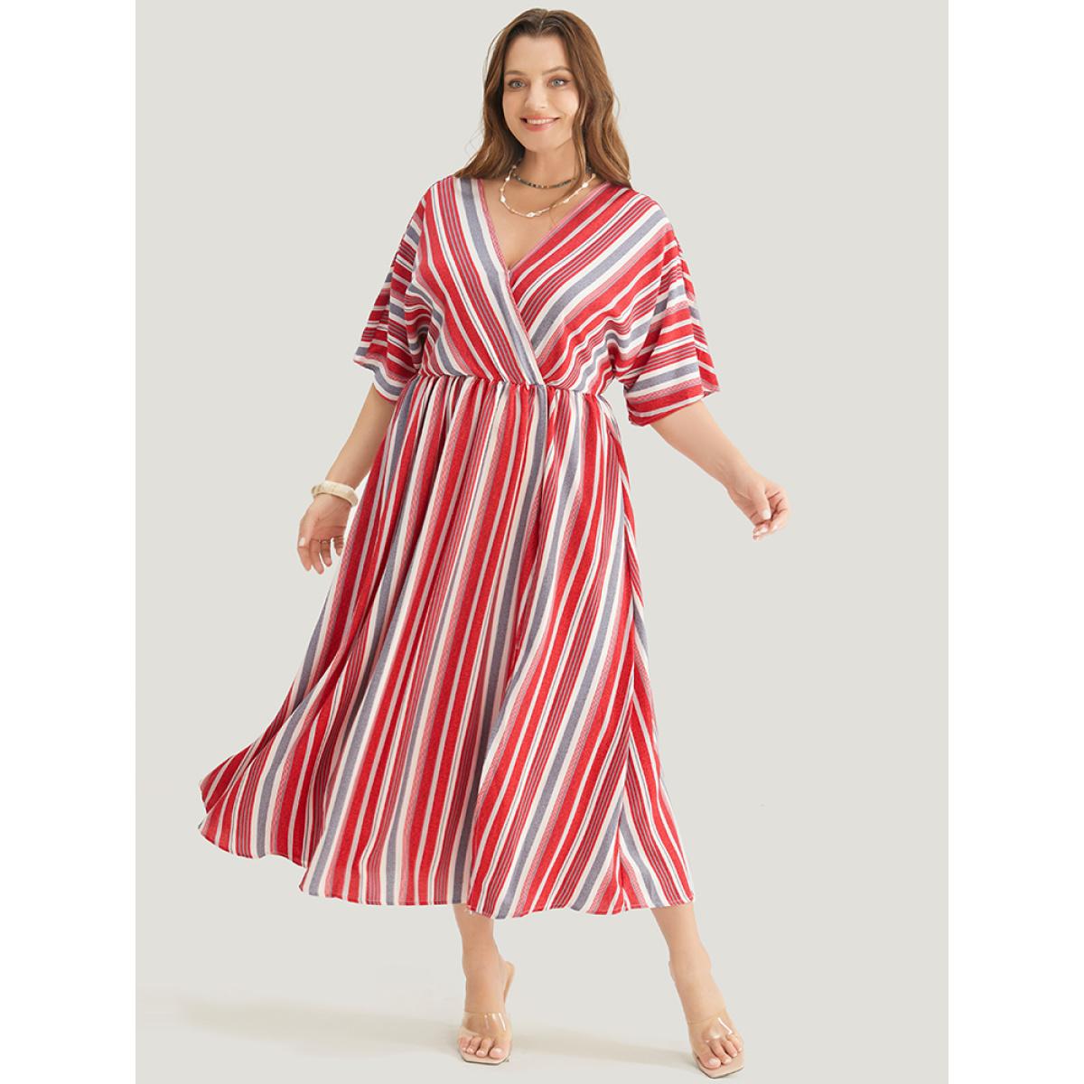 Plus Size Striped Contrast Surplice Neck Dolman Sleeve Pocket Split Hem Dress Scarlet Women Vacation Elastic Waist V-neck Half Sleeve Curvy Midi Dress BloomChic 10/M Product Image