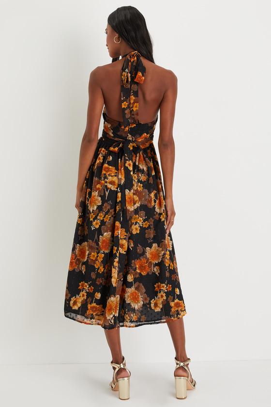 Charming Vision Black Floral Swiss Dot Lurex Halter Midi Dress Product Image
