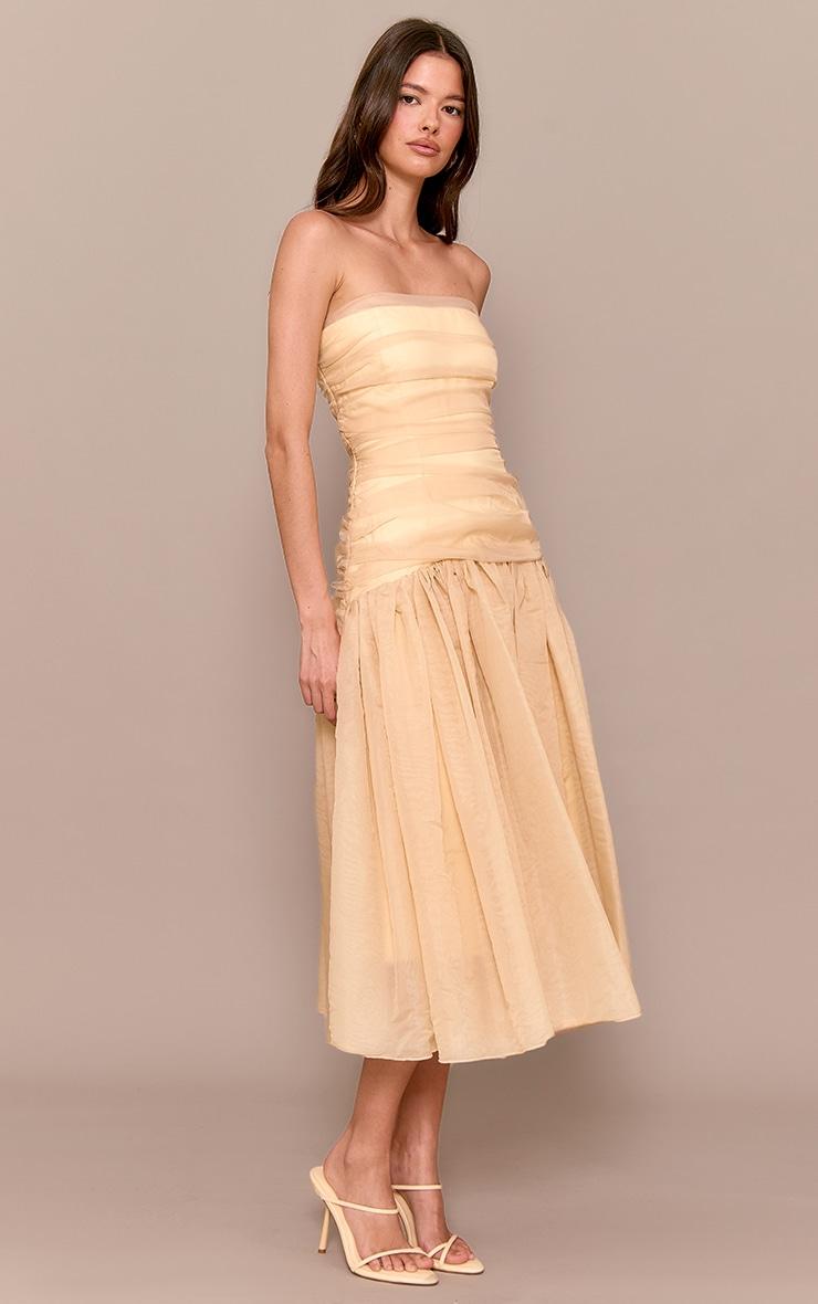 Yellow Organza Ruched Bodice Midi Dress Product Image