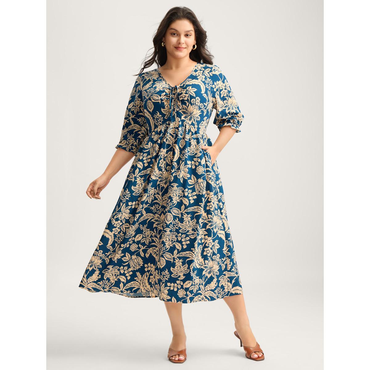 Plus Size Boho Floral Drawstring Pockets Midi Dress Mediumblue Women Resort V-neck Elbow-length sleeve Curvy BloomChic 30/6X Product Image
