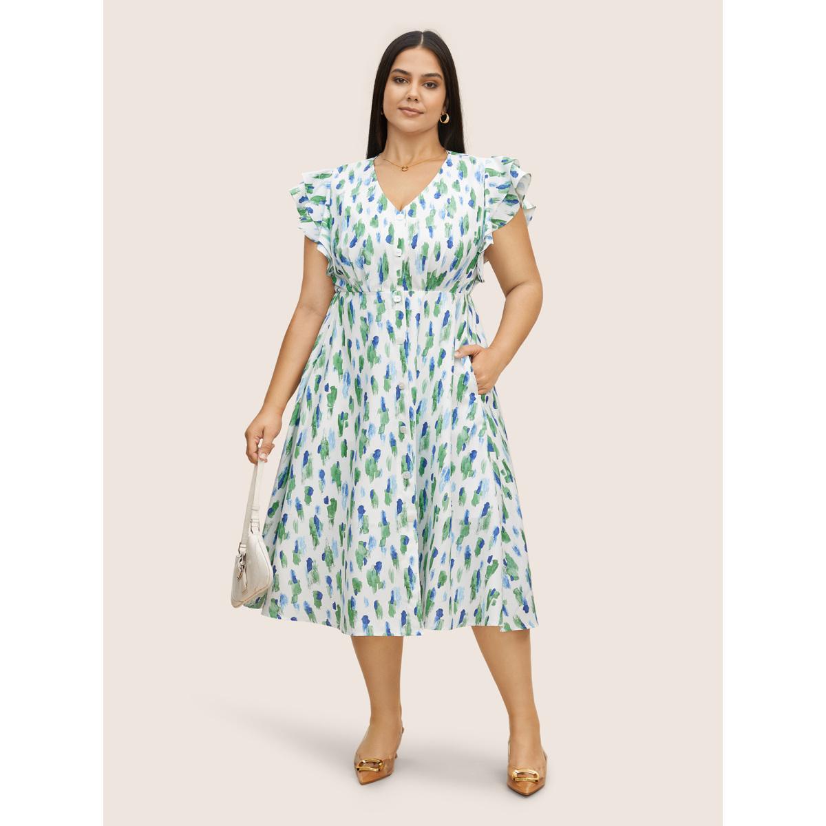 Plus Size Allover Print Tiered Ruffle Cap Sleeve Dress White Women At the Office Button V-neck Cap Sleeve Curvy BloomChic 22-24/3X Product Image