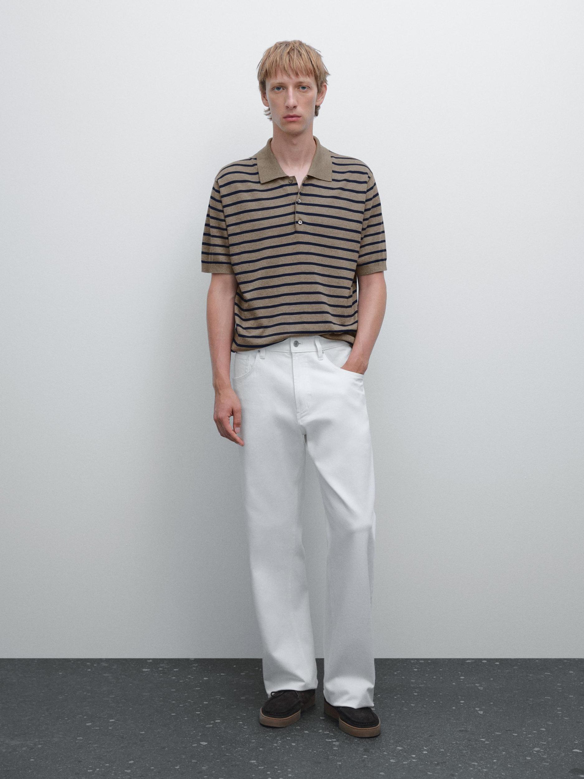 Short sleeve striped knit polo shirt Product Image