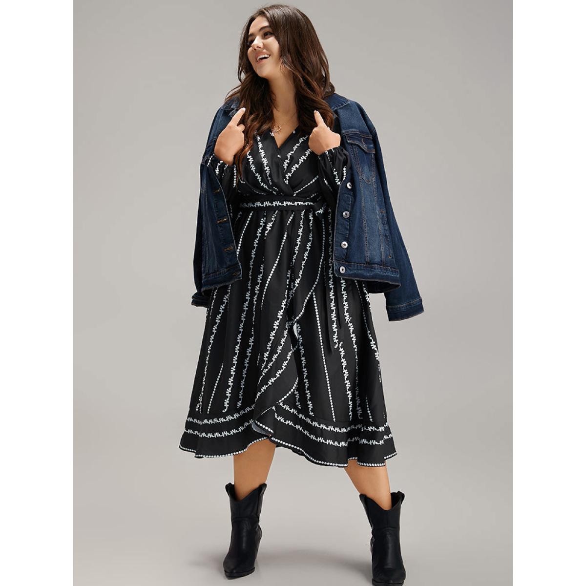 Plus Size Boho Print Striped Belted Wrap Pocket Dress Black Women Vacation Belted V-neck Long Sleeve Curvy Midi Dress BloomChic 26/4X Product Image