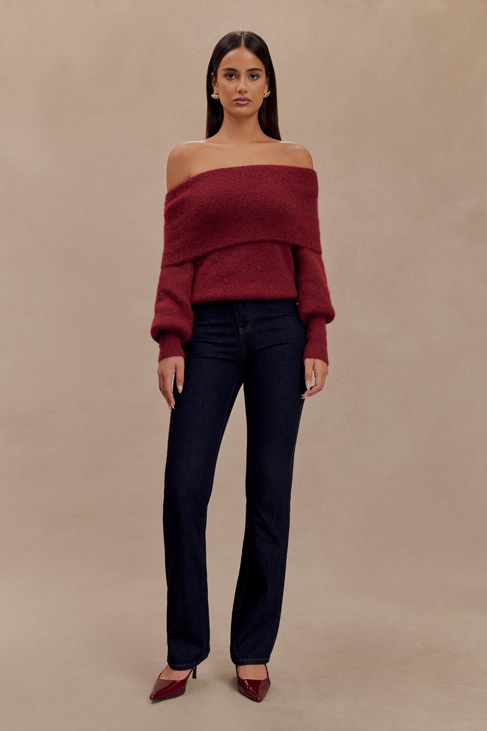Charlotte Off Shoulder Knit Long Sleeve Top - Merlot Product Image