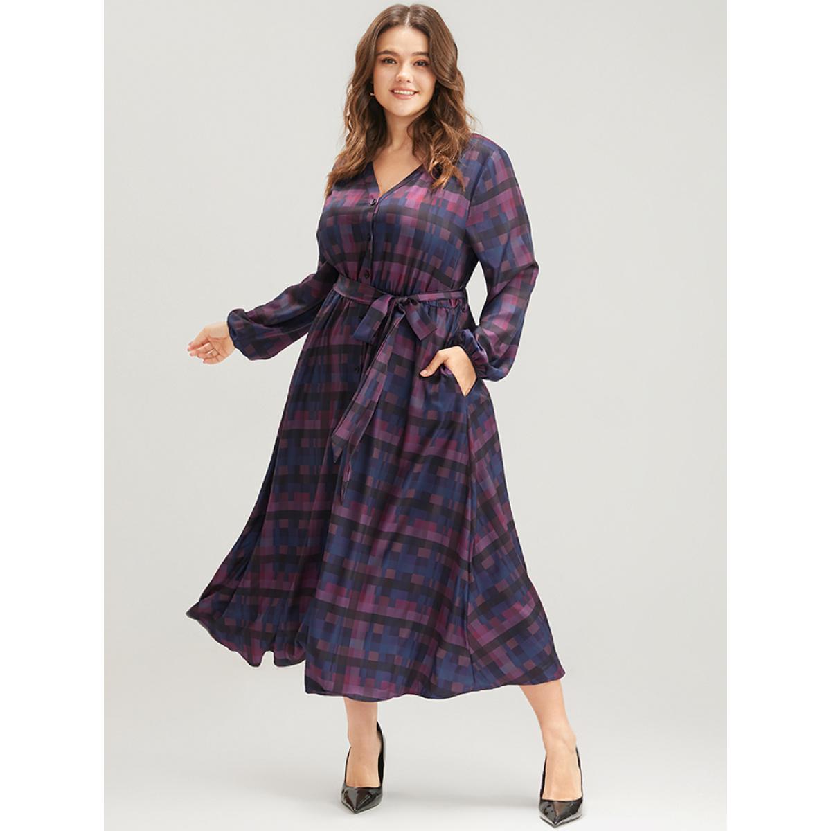 Plus Size Plaid Contrast Button Up Pocket Lantern Sleeve Belted Dress Multicolor Women Elegant Button V-neck Long Sleeve Curvy Midi Dress BloomChic 22-24/3X Product Image