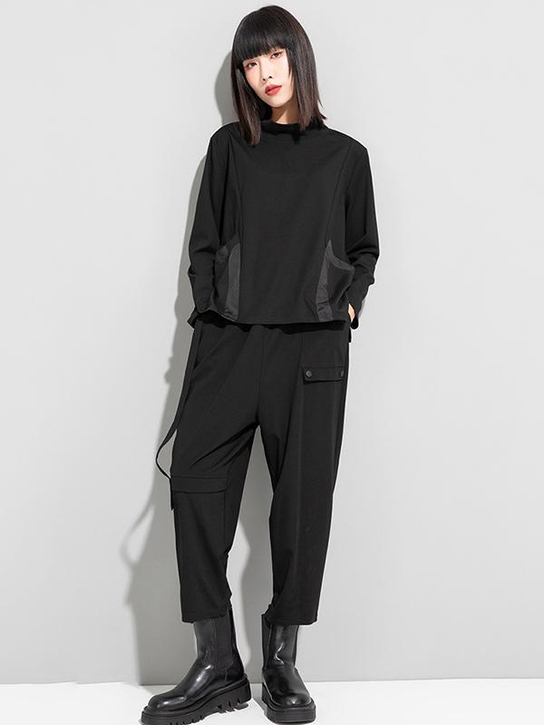 Casual Loose Long Sleeves Split-Joint Solid Color Stand Collar T-Shirts Tops Product Image