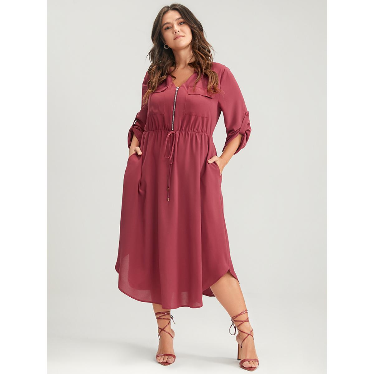 Plus Size Solid Zipper Cuffed Sleeve Pocket Tie Up Asymmetrical Hem Dress Russet Women Office Zipper V-neck Long Sleeve Curvy Midi Dress BloomChic 26/4X Product Image