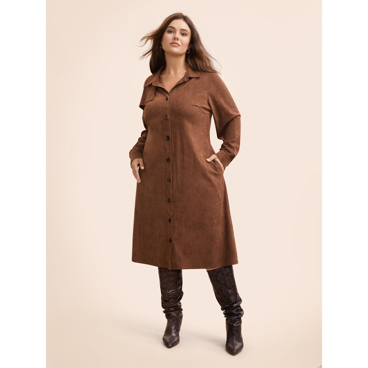 Plus Size Faux Suede Shirt Collar Midi Dress Browncoffeecolor Women Elegant Texture Shirt collar Long Sleeve Curvy BloomChic 14-16/1X Product Image