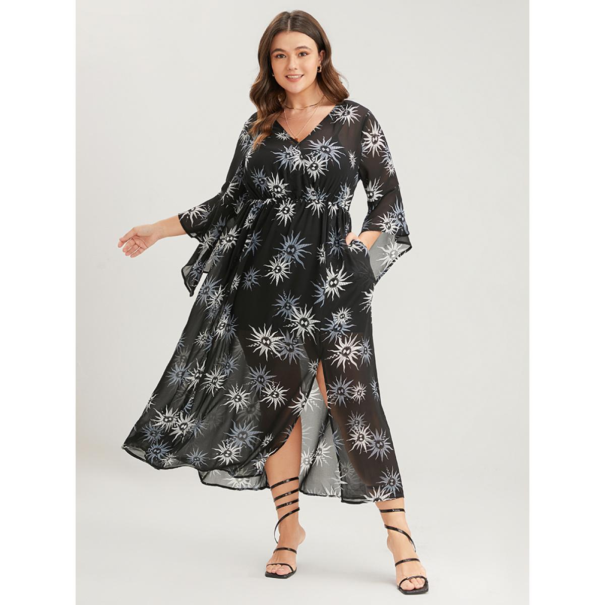 Plus Size Halloween Sun Print Bell Sleeve Mesh Split Dress Black Women Party Gathered V-neck Long Sleeve Curvy Midi Dress BloomChic 14-16/1X Product Image
