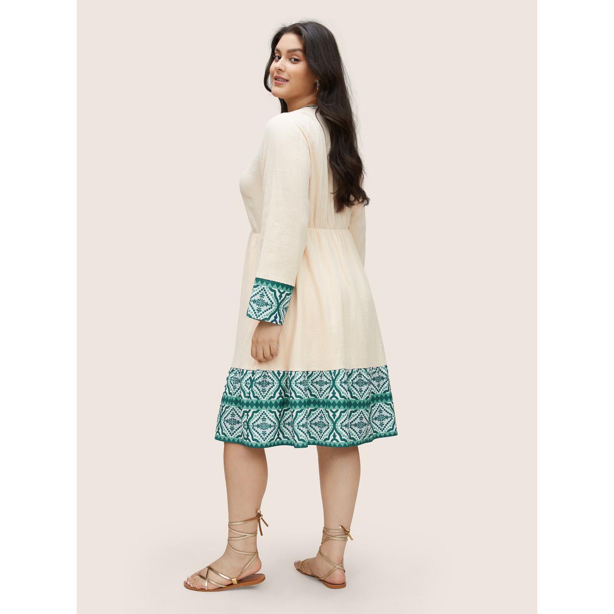 Plus Size Boho Print Patchwork Elastic Waist Texture Dress Apricot Women Resort Non V-neck Long Sleeve Curvy Knee Dress BloomChic 10/M Product Image