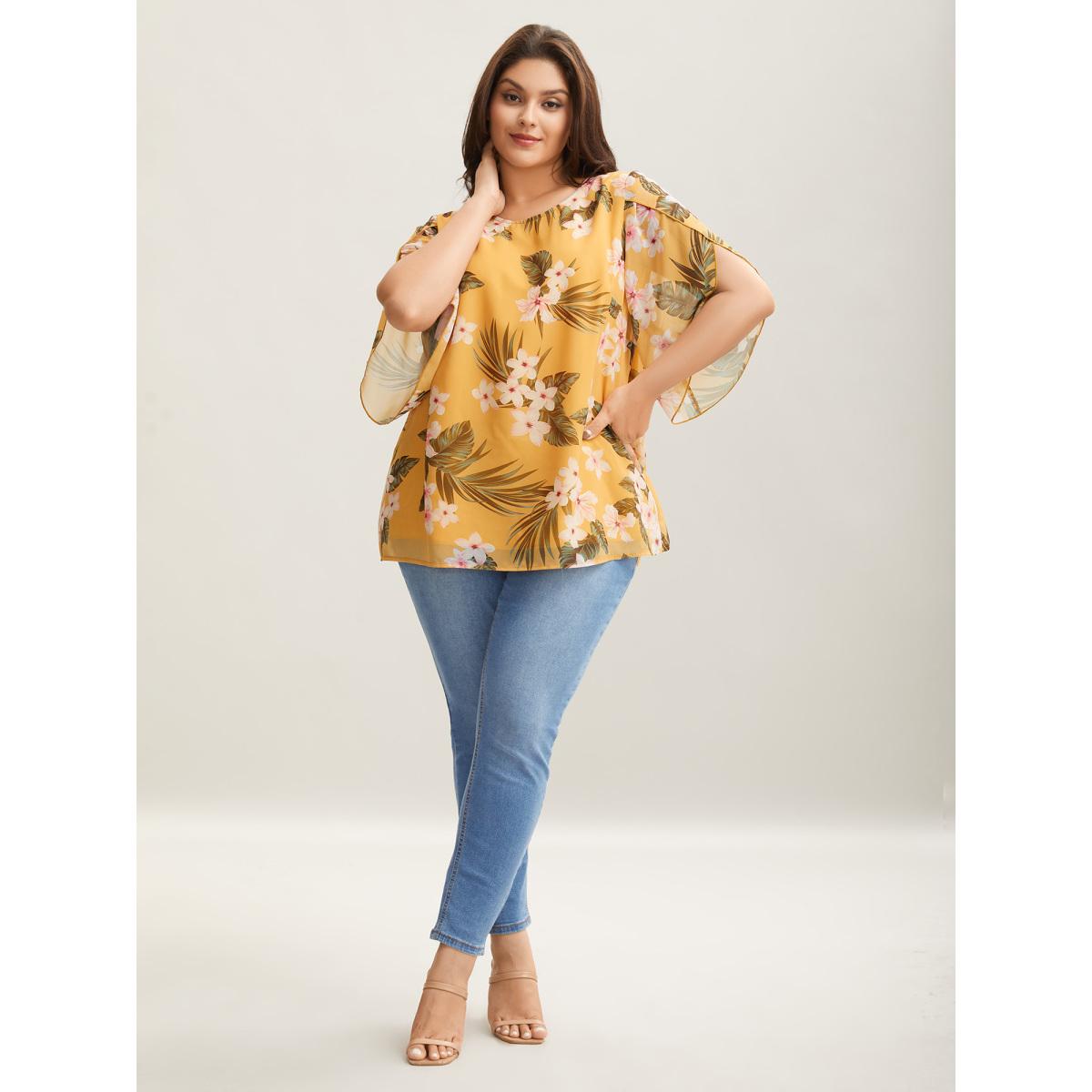 Plus Size Lemonyellow Petal Sleeve Floral Round Neck Shirt Women Elegant Elbow-length sleeve Round Neck Everyday Blouses BloomChic 28/5X Product Image