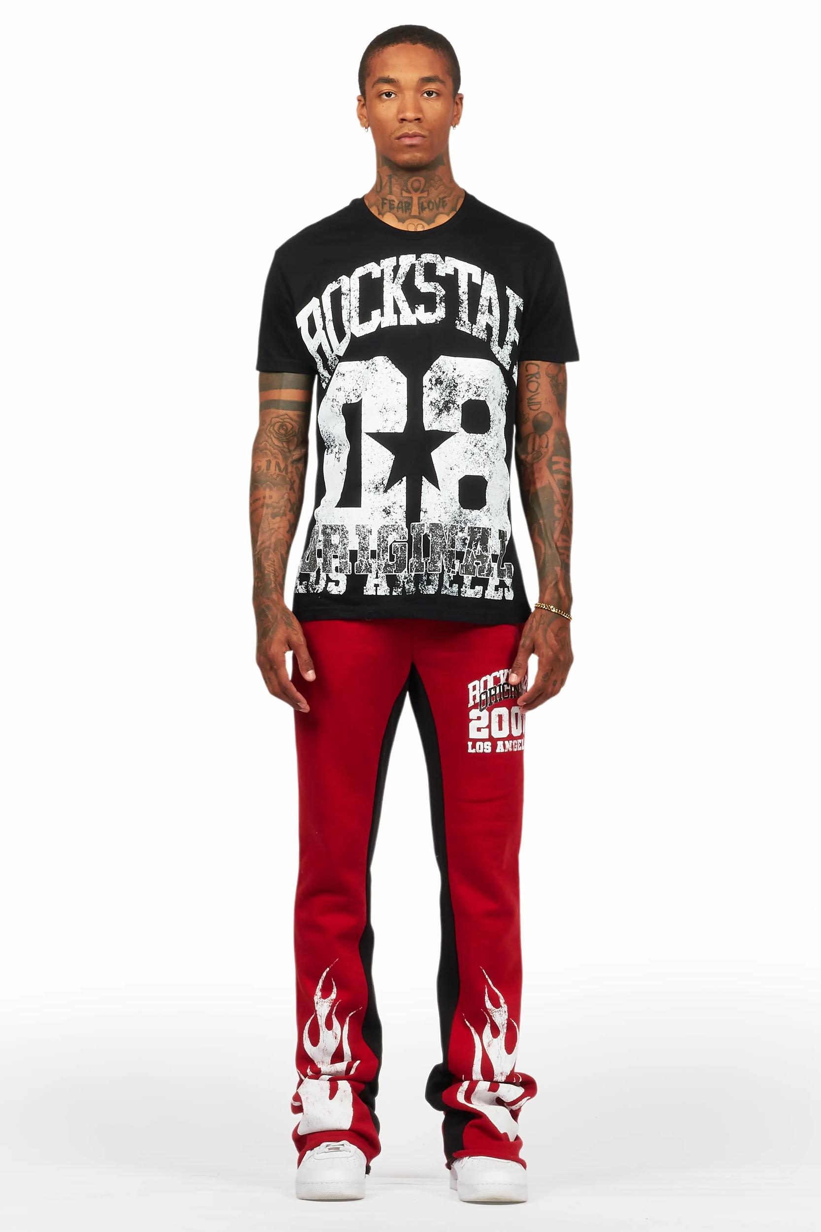 Edel Black/Burgundy T-Shirt/Stacked Baggy Track Pant Set Male Product Image