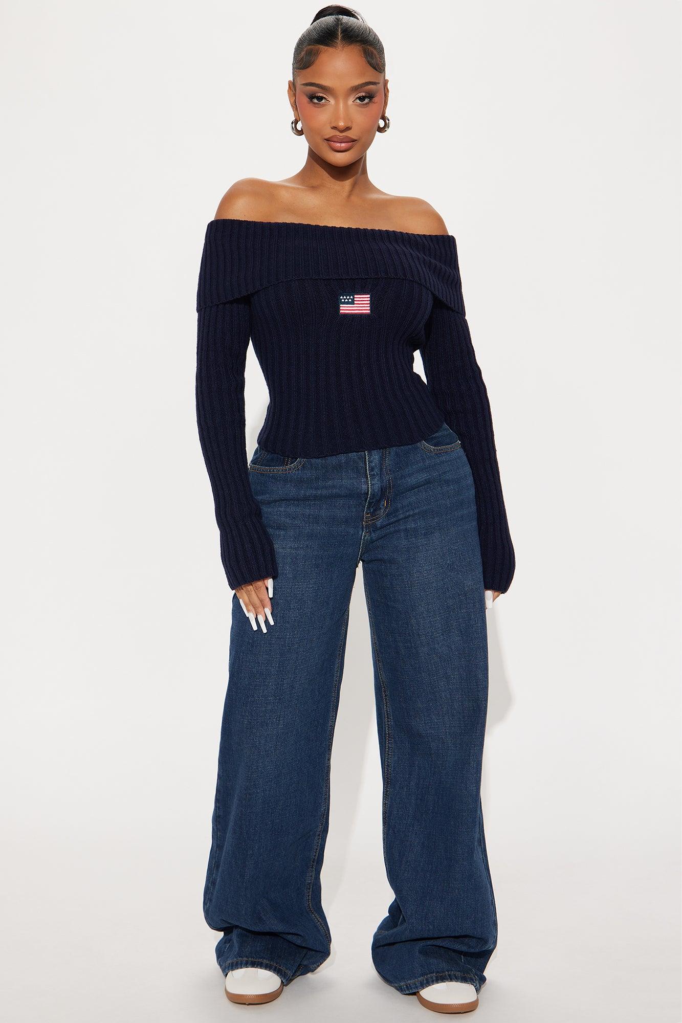 Patriotic Off Shoulder Sweater - Navy Product Image