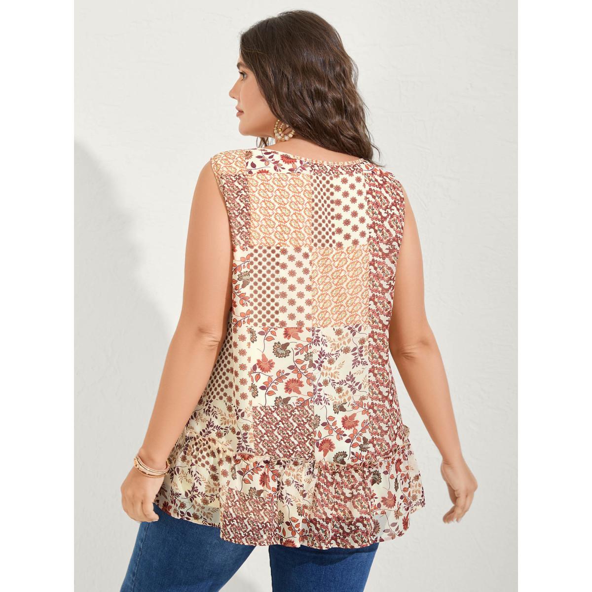 Plus Size Chiffon Boho Collage Flowy Tank Top Women Apricot Boho Gathered Notched collar Vacation Tank Tops Camis BloomChic 22-24/3X Product Image