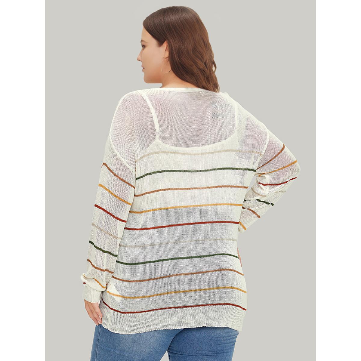 Plus Size Rainbow Striped Mesh Lightweight Pullover Multicolor Women Casual Loose Long Sleeve Open Front Everyday Pullovers BloomChic 28/5X Product Image