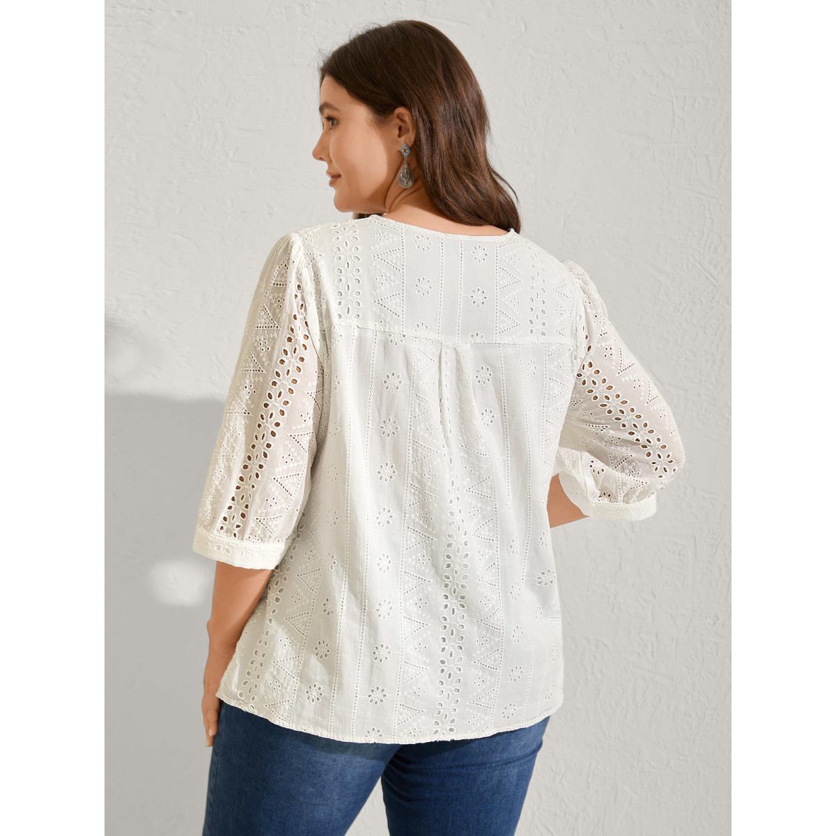 Plus Size WhiteSmoke Cotton Eyelet Embroidery V-Neck Blouse Women Boho Elbow-length sleeve V-neck Vacation Blouses BloomChic 26/4X Product Image