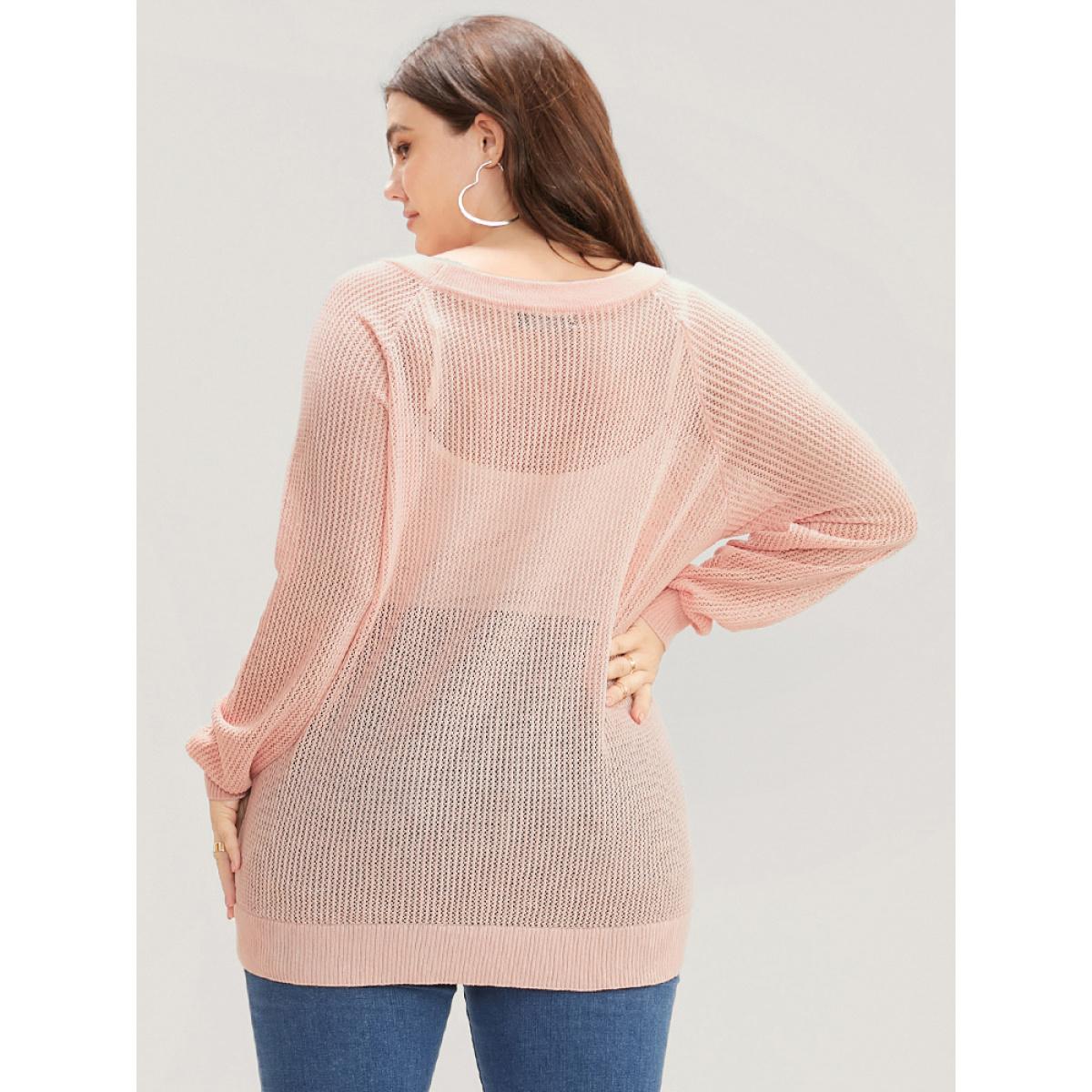 Plus Size Plain Ice Rayon Yarn Mesh Round Neck Eyelet Knit Top Crepe Women Casual Loose Long Sleeve Round Neck Dailywear Pullovers BloomChic 12/L Product Image
