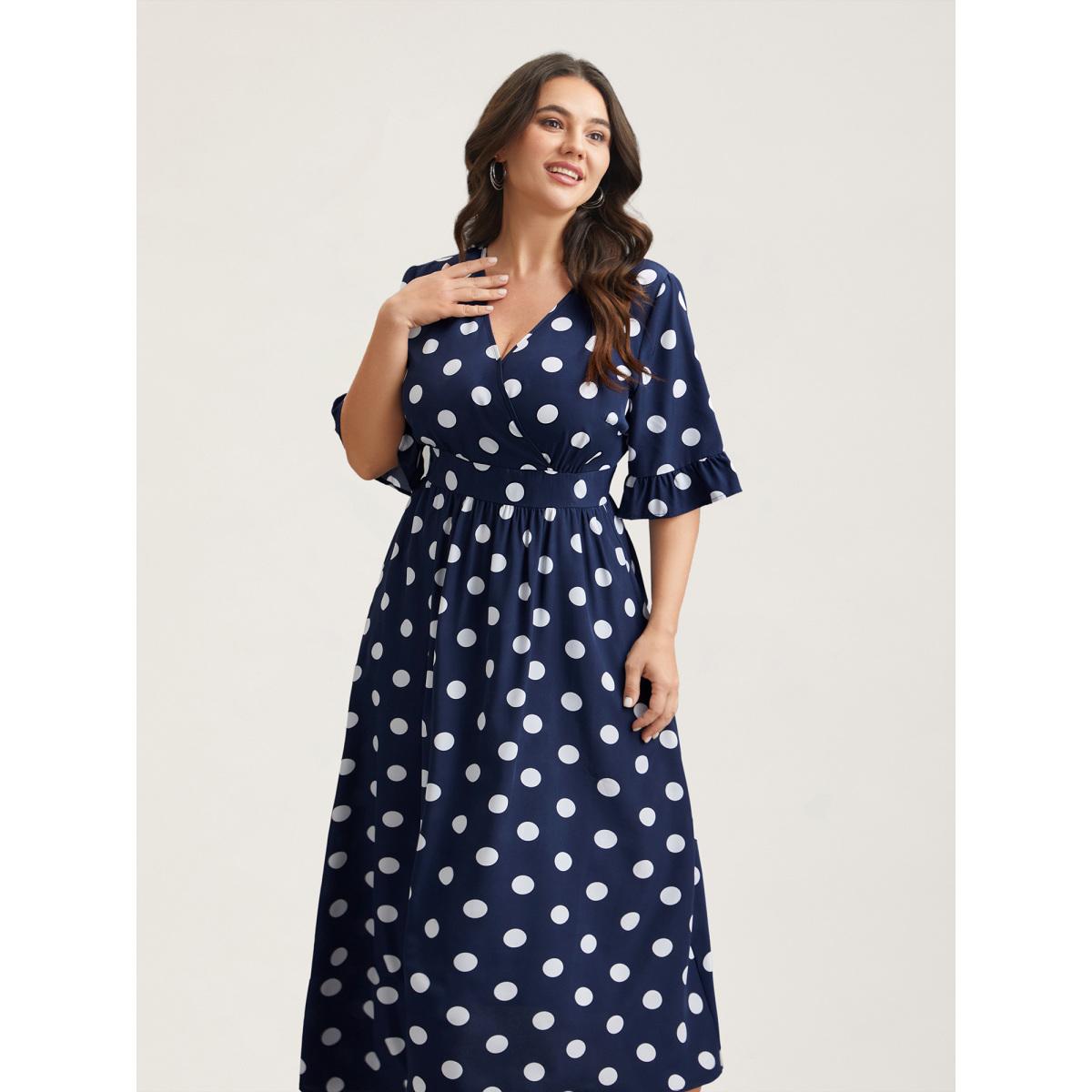 Plus Size Polka Dots Surplice Neck Waist-Cinched Dress Navy Women Elegant Ruffles Overlap Collar Elbow-length sleeve Curvy BloomChic 22-24/3X Product Image