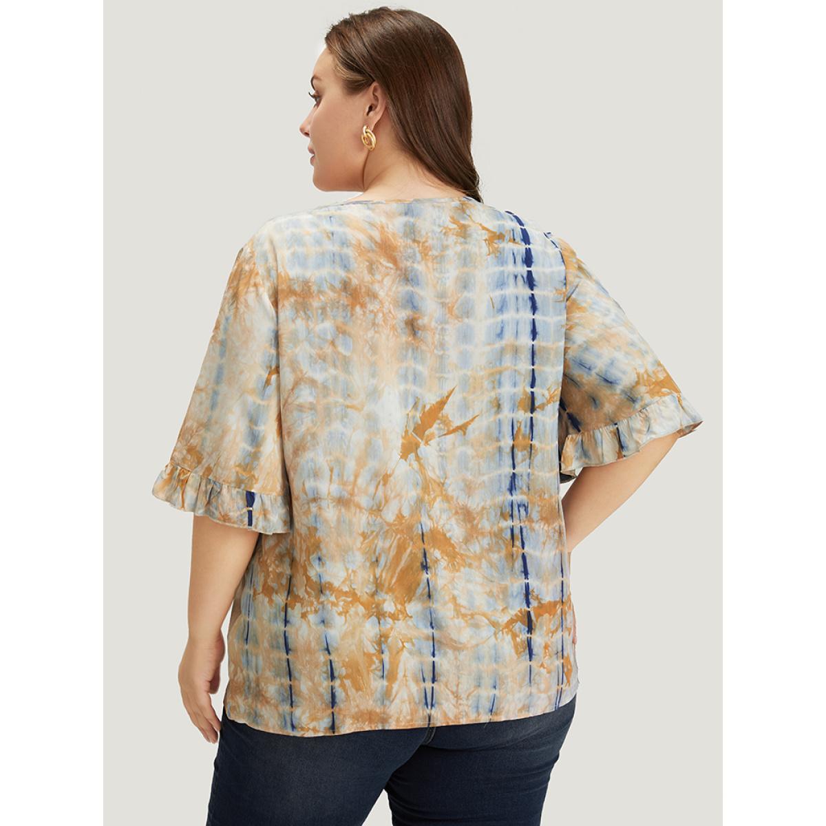 Plus Size Navy Tie Dye V Neck Flounce Sleeve Blouse Women Vacation Half Sleeve V-neck Dailywear Blouses BloomChic 14-16/1X Product Image