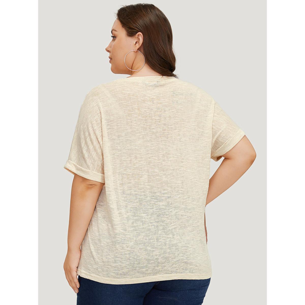 Plus Size Solid Mesh Heather Roll Batwing Sleeve T-shirt Beige Women Casual See through Plain V-neck Dailywear T-shirts BloomChic 14-16/1X Product Image