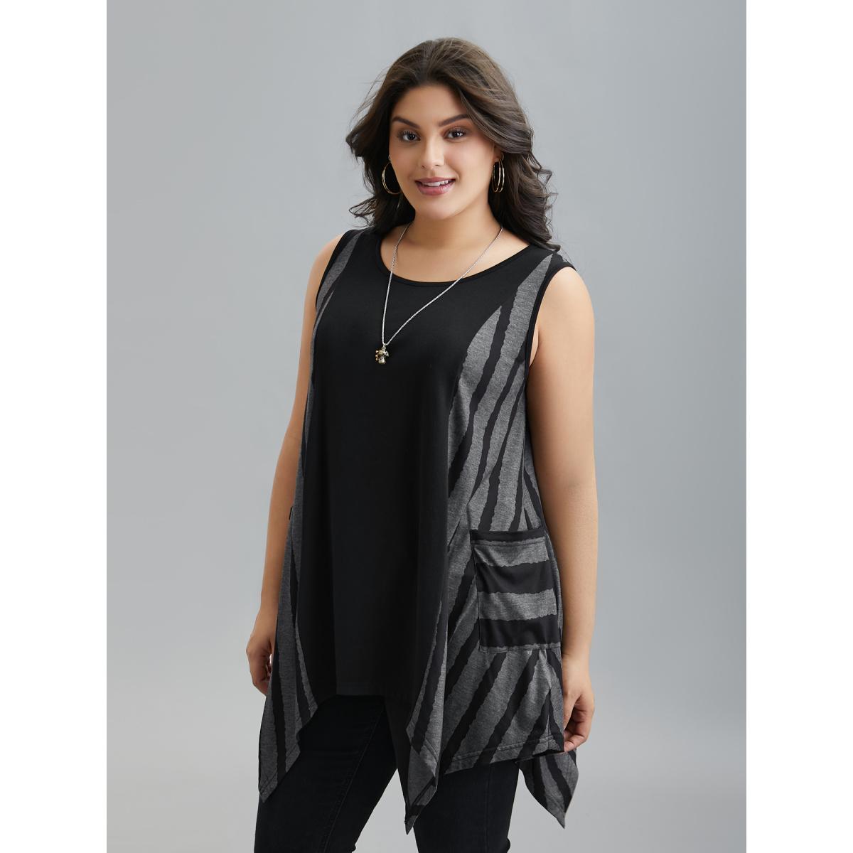 Plus Size Striped Spliced Pockets Hi-Low Hem Vest Women Black Casual Contrast Round Neck Everyday Tank Tops Camis BloomChic 30/6X Product Image