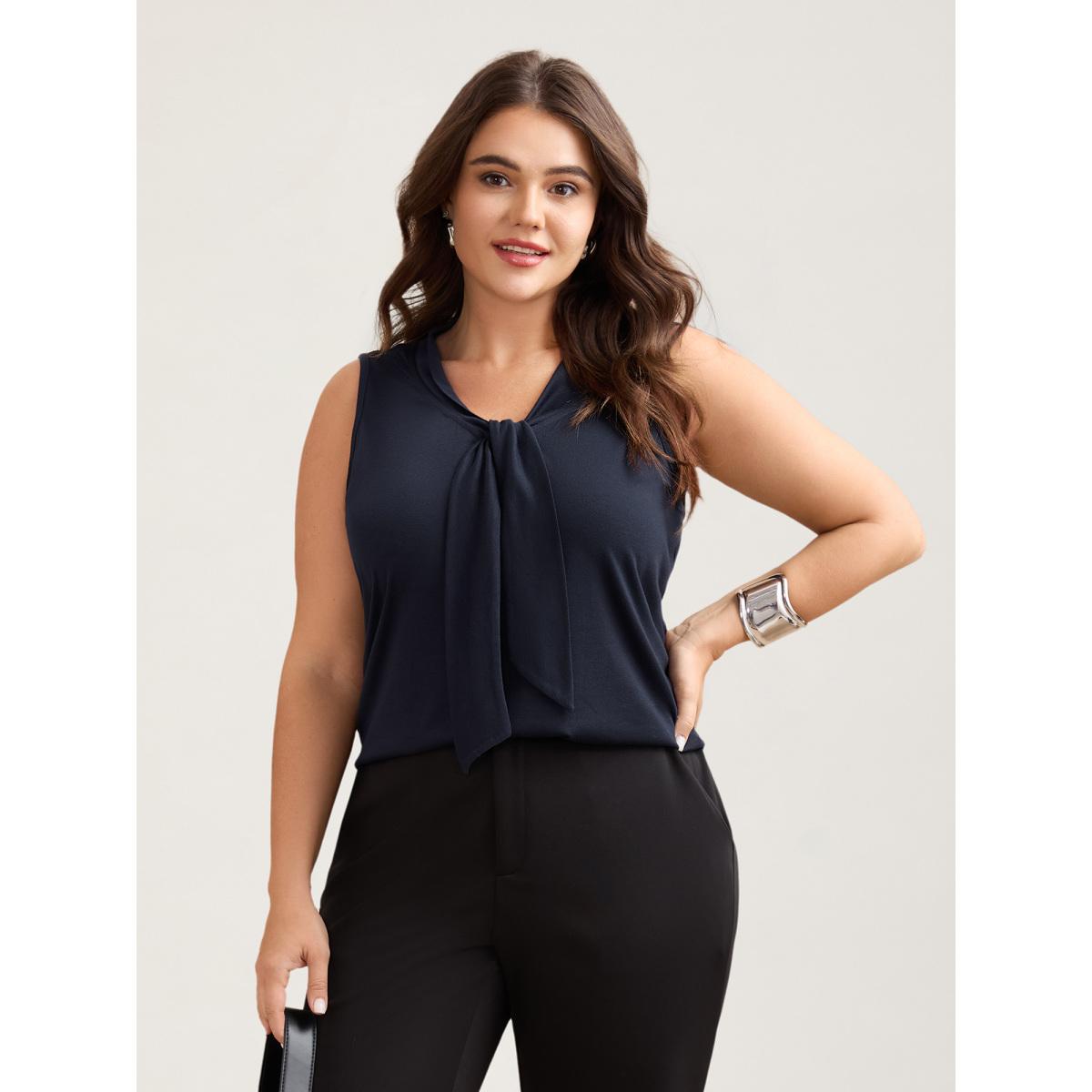 Plus Size Knotted Neckline Fitted Sleeveless Blouse Women Indigo Office Non Ribbon-tied collar Office Tank Tops Camis BloomChic 26/4X Product Image