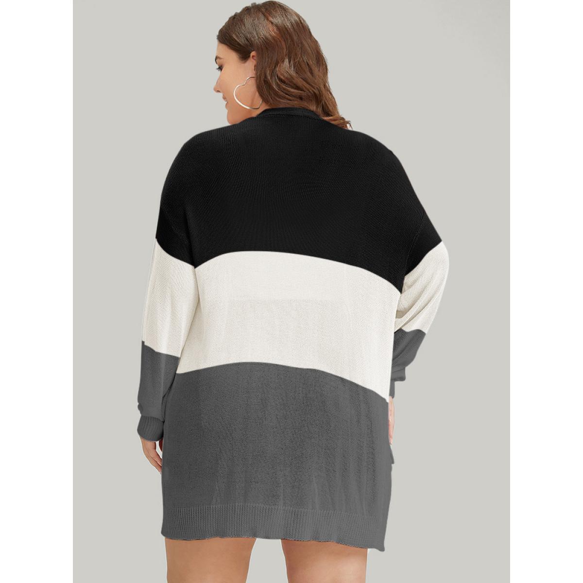 Plus Size Colorblock Pocket Drop Shoulder Elastic Cuffs Contrast Cardigan Black Women Casual Loose Long Sleeve Dailywear Cardigans BloomChic 22-24/3X Product Image