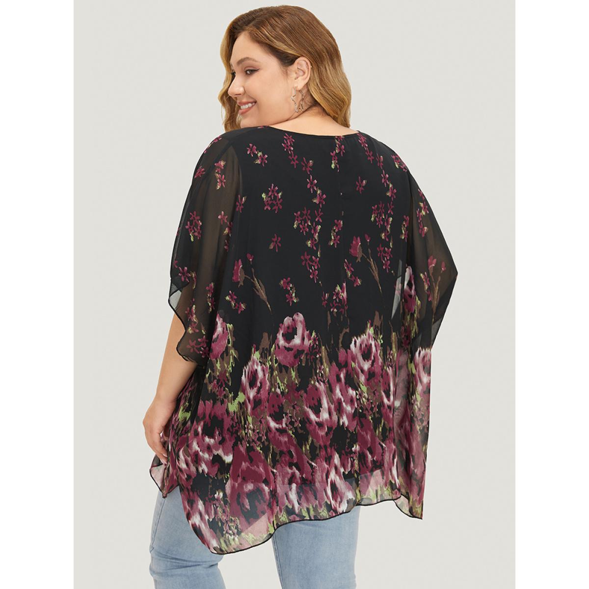 Plus Size RedViolet Pixel Flower Mesh Batwing Sleeve Chiffon Blouse Women Vacation Short sleeve V-neck Dailywear Blouses BloomChic 10/M Product Image