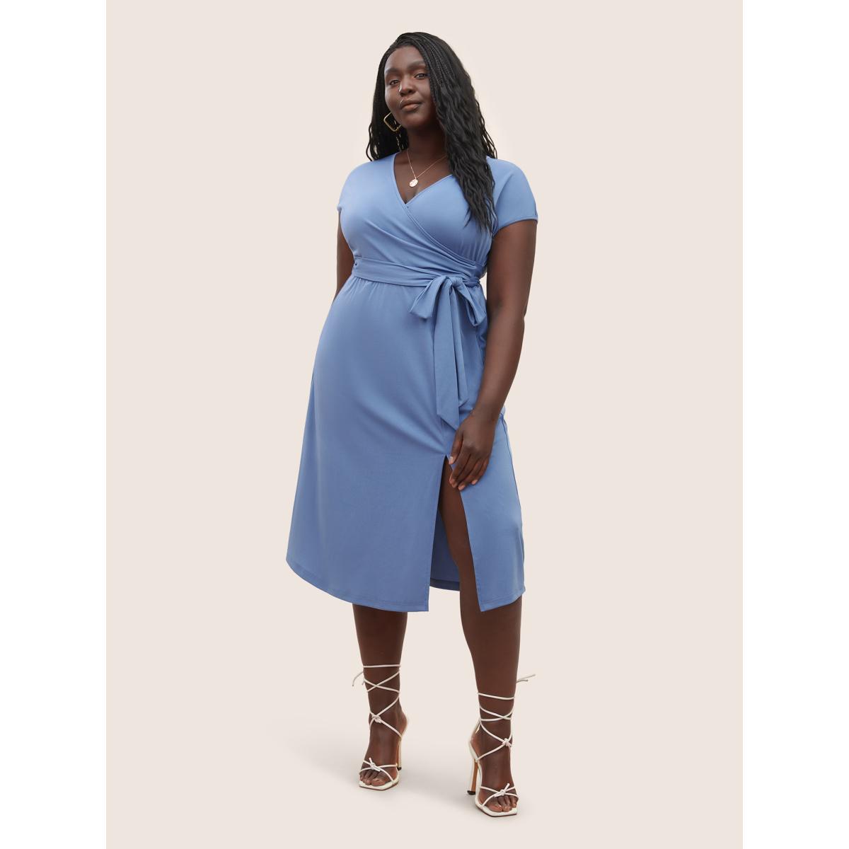 Plus Size Solid Ties Wrap Dolman Sleeve Split Side Dress Stone Women Basics Non Overlap Collar Cap Sleeve Curvy Midi Dress BloomChic 26/4X Product Image