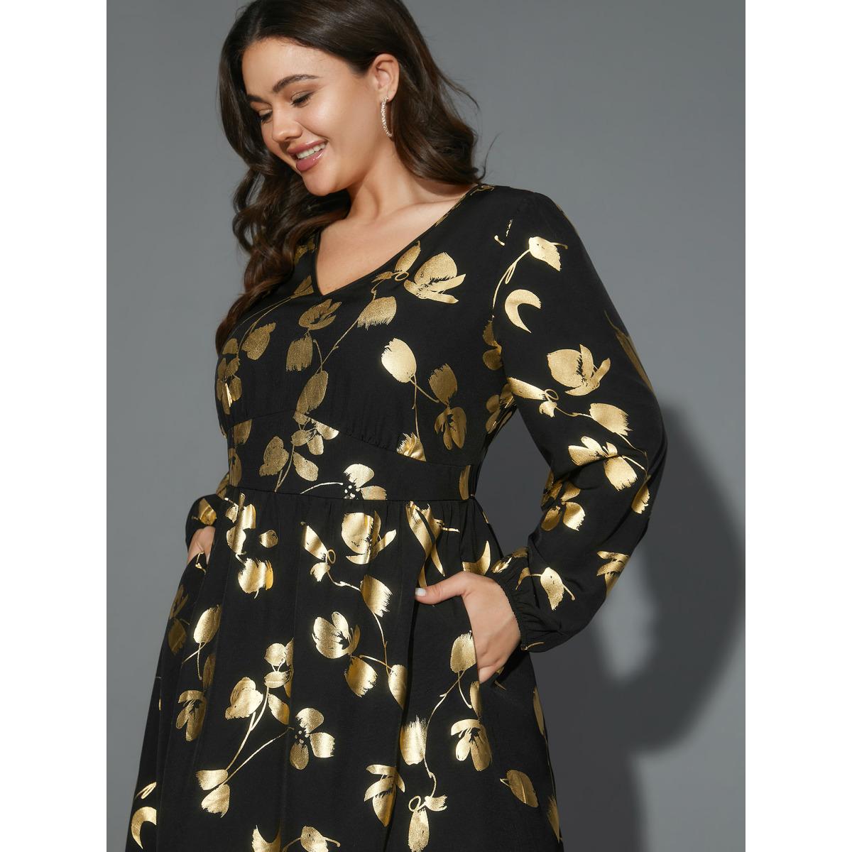 Plus Size Glitter Silhouette Floral Print Elastic Waist Dress BlackFlower Women Cocktail Non Party Curvy Bloomchic 18-20/2X Product Image