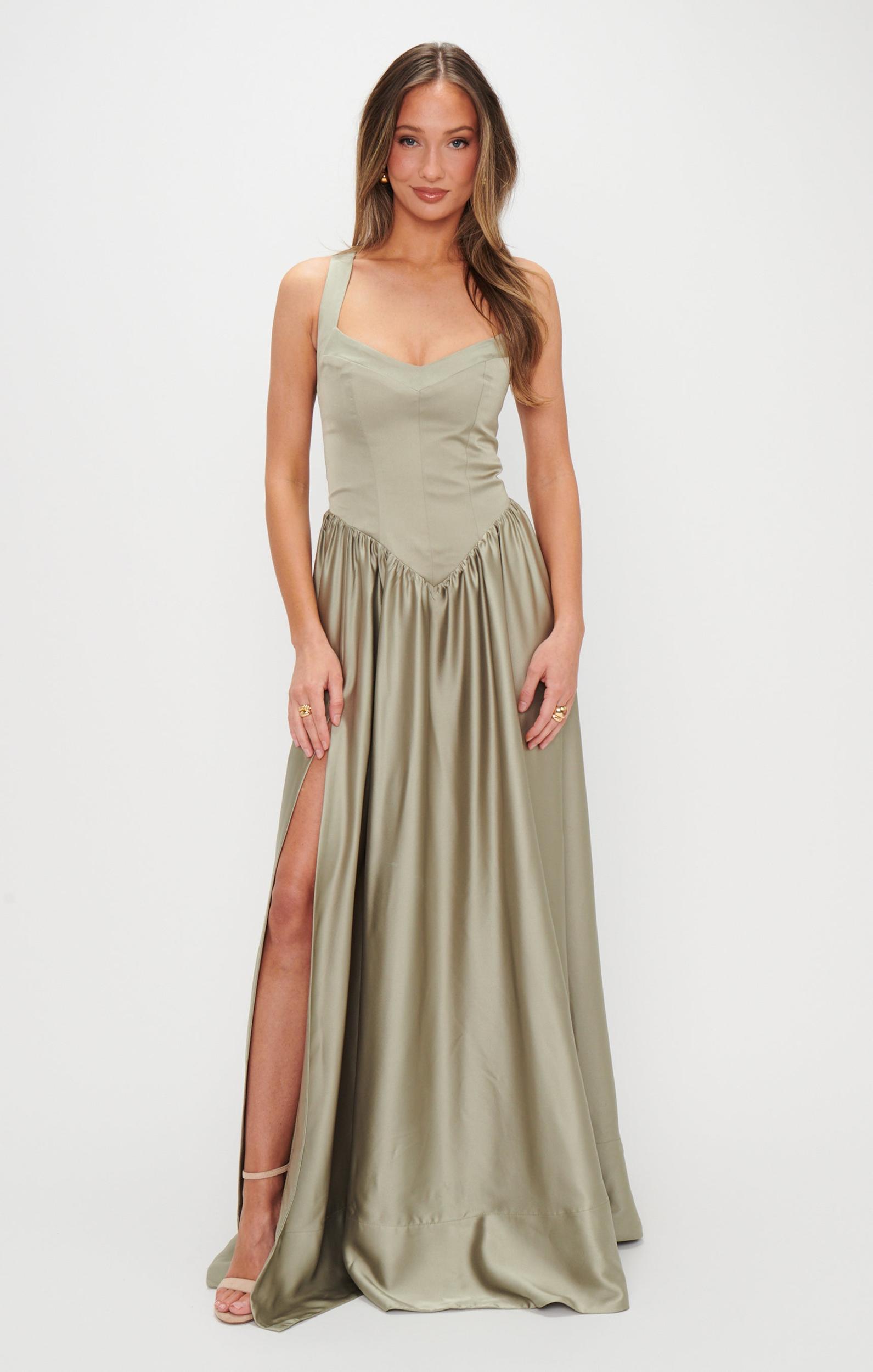 Abigail Maxi Dress ~ Moss Green Luxe Satin Product Image