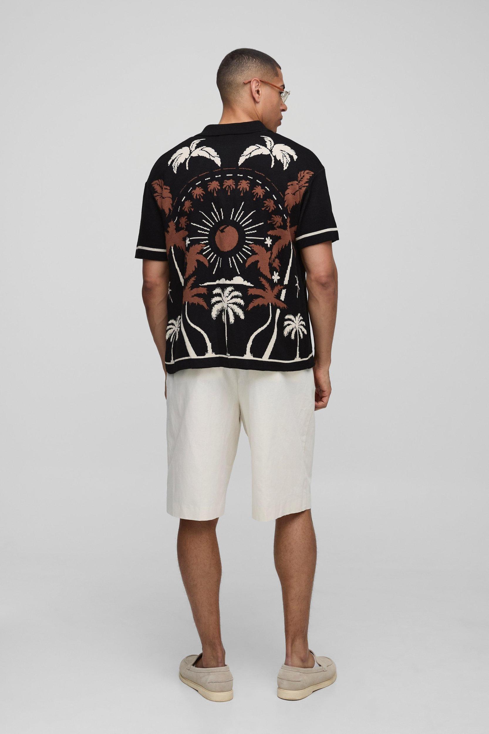 Relaxed Fit Scenic Palm Jacquard Knitted Shirt | boohooMAN USA Product Image