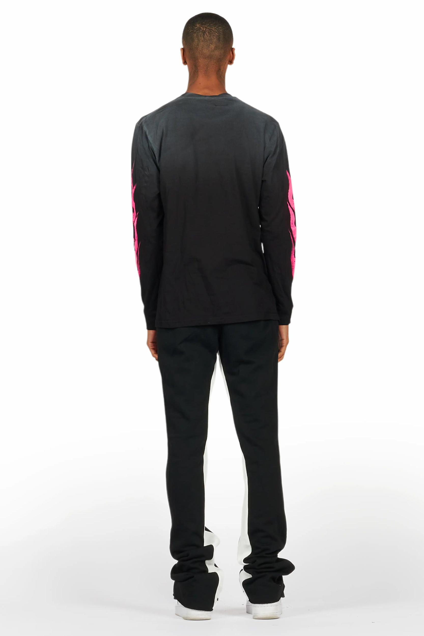 Banyan Black/Pink Long Sleeve T-Shirt/Stacked Baggy Track Pant Set Male Product Image