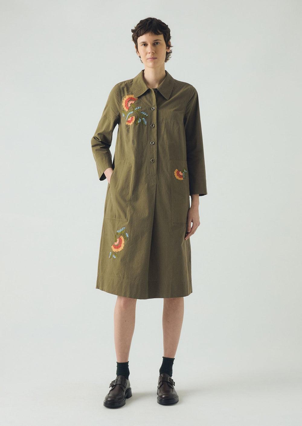 Embroidered Mini Stripe Cotton Shirt Dress | Olive Product Image