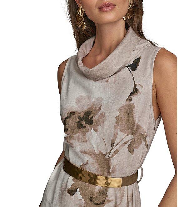 Donna Karan Sleeveless Cowl Neck Floral Print Belted Midi Dress Product Image