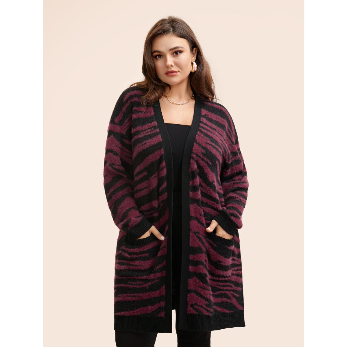 Plus Size Zebra Print Fluffy Patch Pocket Cardigan Black Women Elegant Loose Long Sleeve Everyday Cardigans BloomChic 30/6X Product Image