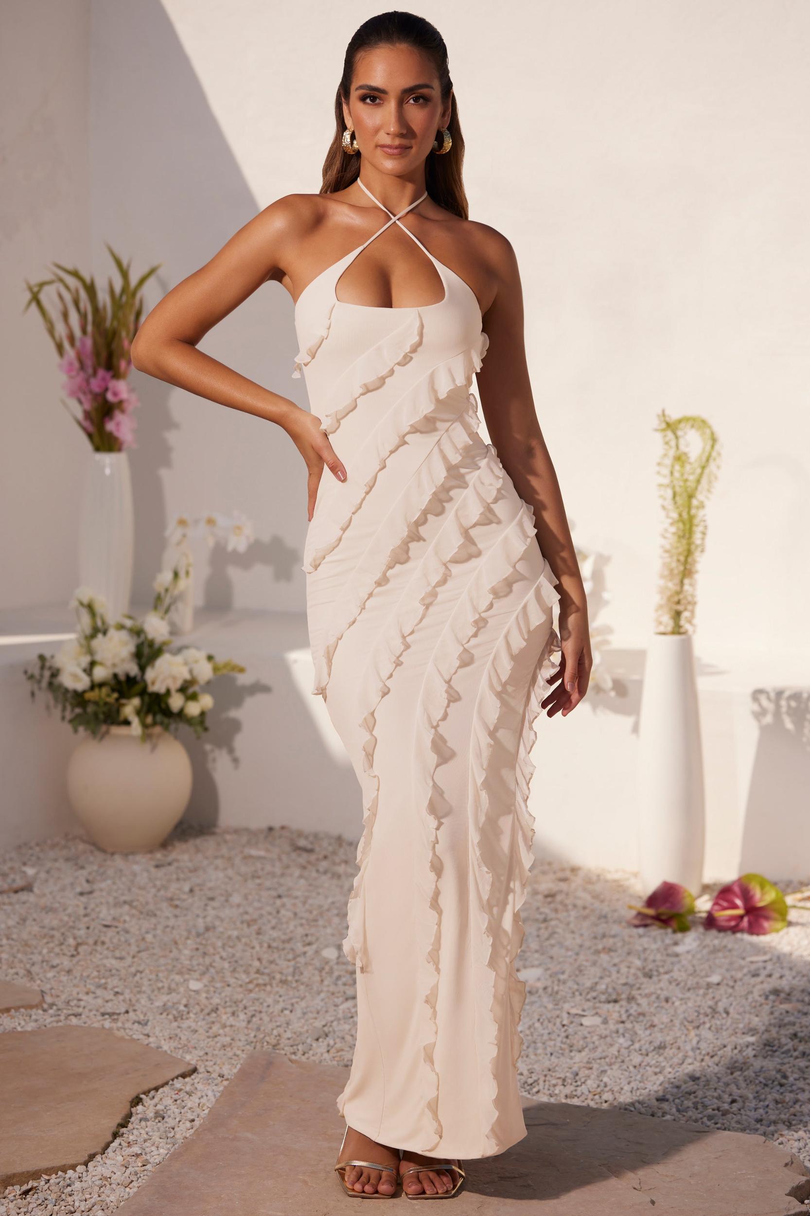 Cross Strap Ruffle Floor Length Dress in Ivory Product Image