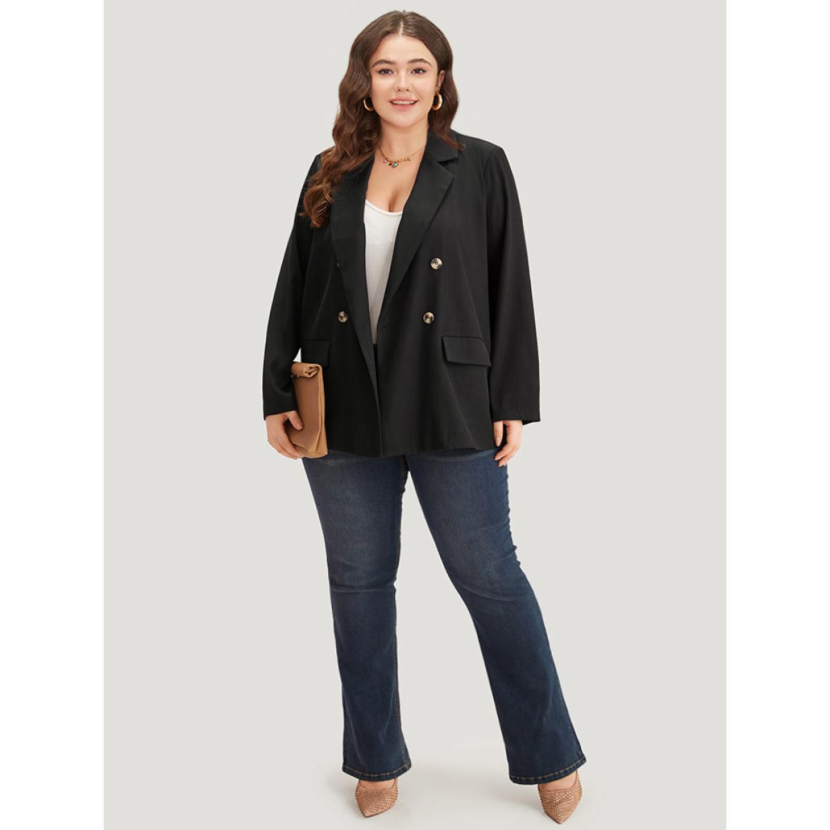 Plus Size Plain Suit Collar Pocket Double Breasted Blazer Black Women Office Plain Plain Sleeve Long Sleeve Suit Collar 10/M Pocket Workwear Essentials Blazers BloomChic Product Image