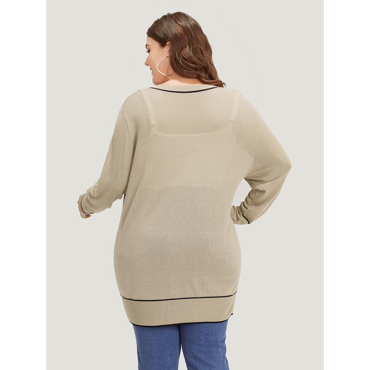 Plus Size Supersoft Essentials Contrast Trim Button Through Elastic Cuffs Cardigan Champagne Women Casual Loose Long Sleeve Dailywear Cardigans BloomChic 14-16/1X Product Image