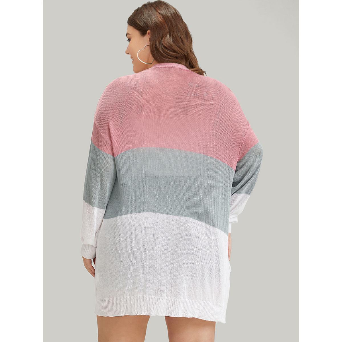 Plus Size Colorblock Pocket Drop Shoulder Elastic Cuffs Contrast Cardigan Pink Women Casual Loose Long Sleeve Dailywear Cardigans BloomChic 30/6X Product Image