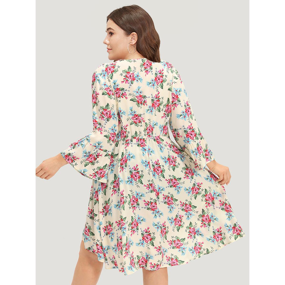 Plus Size Floral Print Open Front Knot Guipure Lace Ruffles Kimono Women Beige Vacation Printed Dailywear Kimonos BloomChic 10/M Product Image