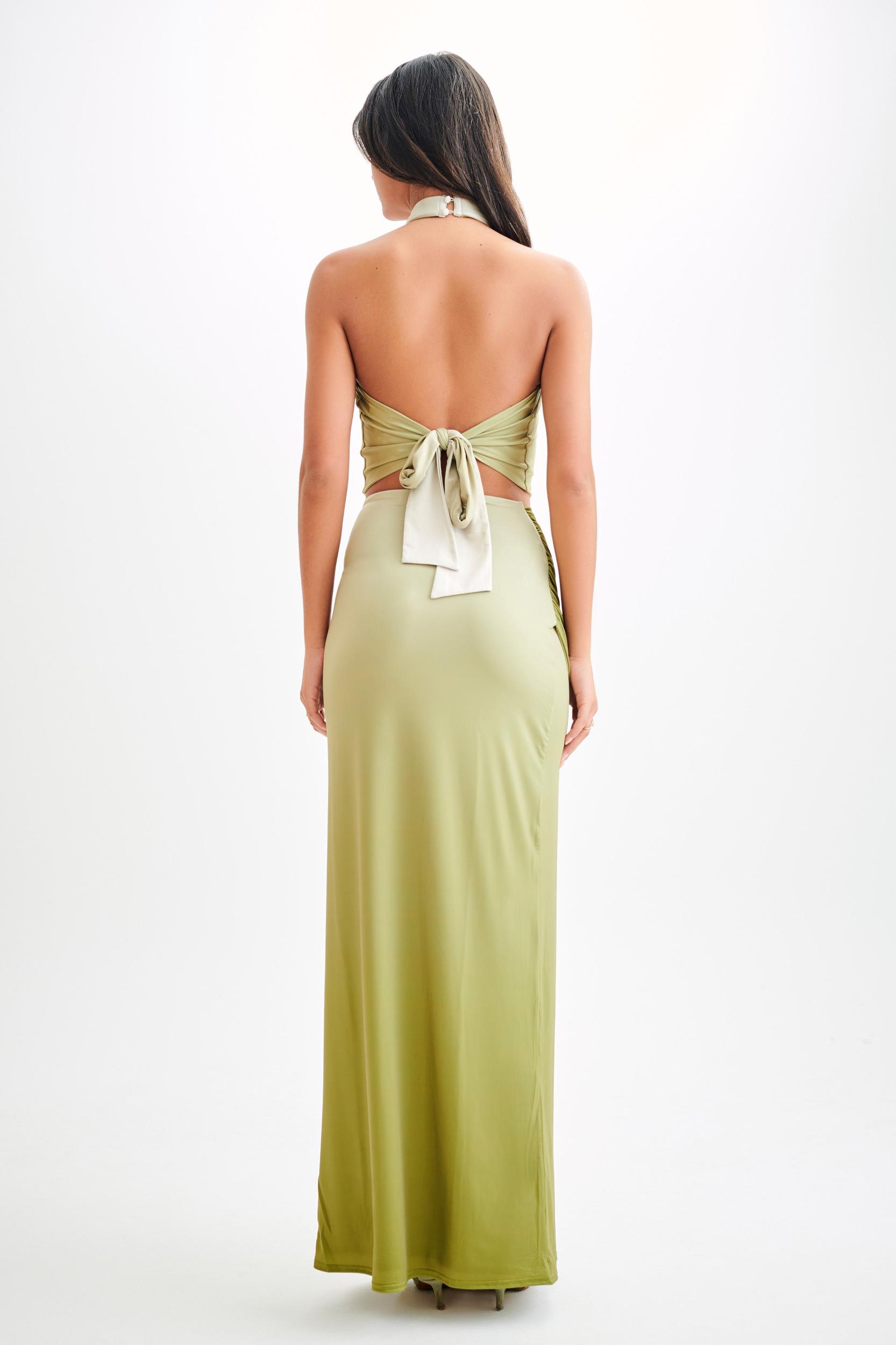 Bronwyn Slinky Ruched Maxi Skirt With Split - Ombre Vintage Olive Product Image