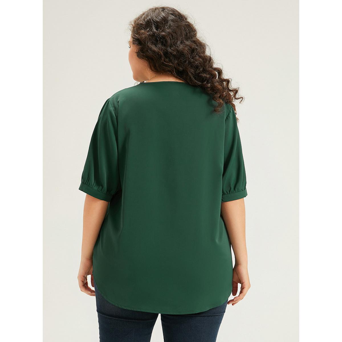 Plus Size DarkGreen Button Detail Plicated Detail Blouse Women Office Half Sleeve V-neck Work Blouses BloomChic 30/6X Product Image