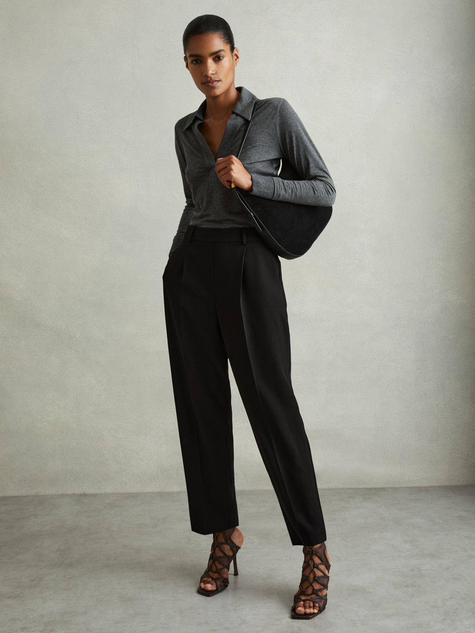 Petite Front Pleat Tapered Trousers in Black Product Image