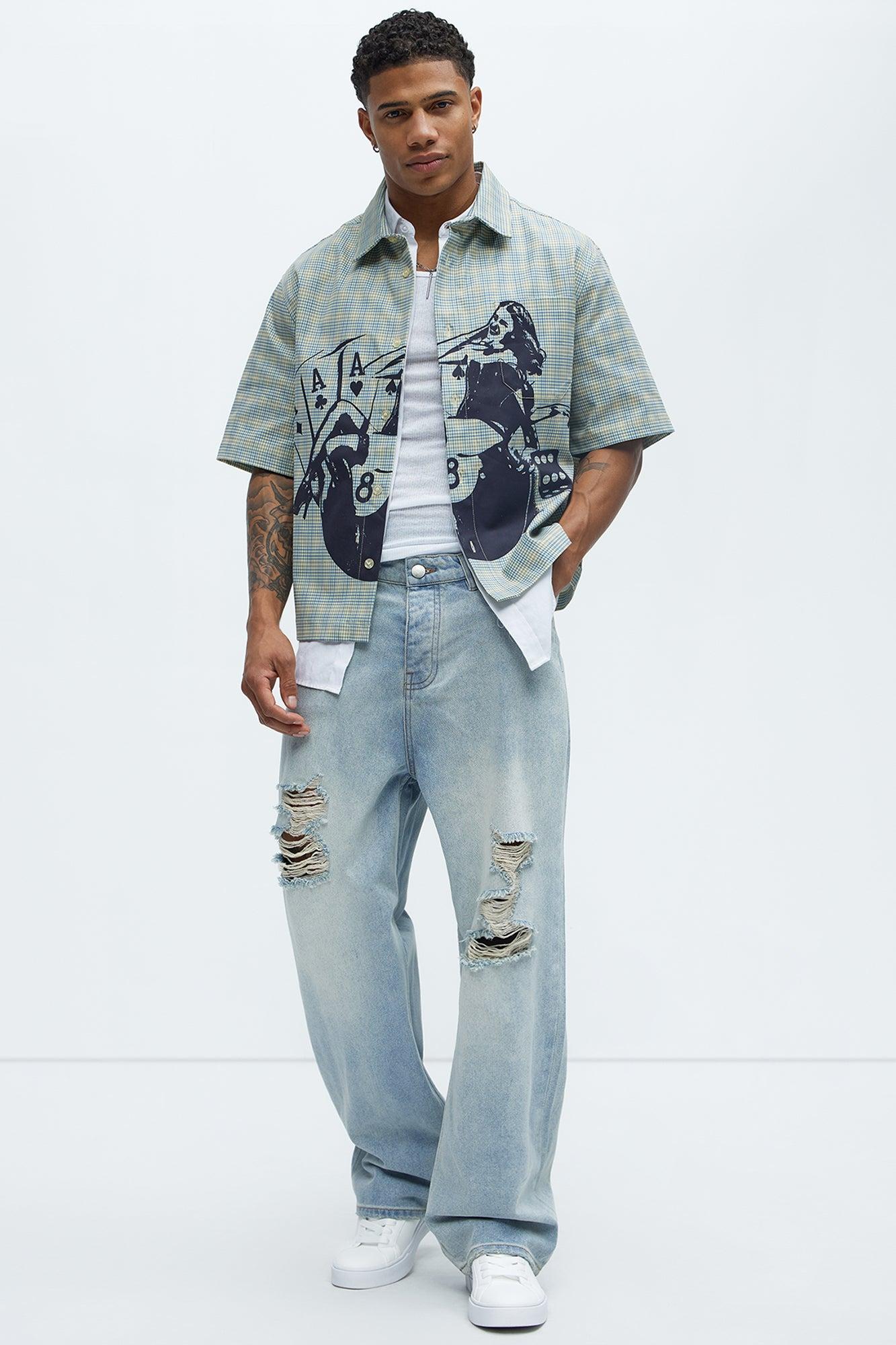 Cropped Pin Up Graphic Button Up Shirt - Green/combo Product Image