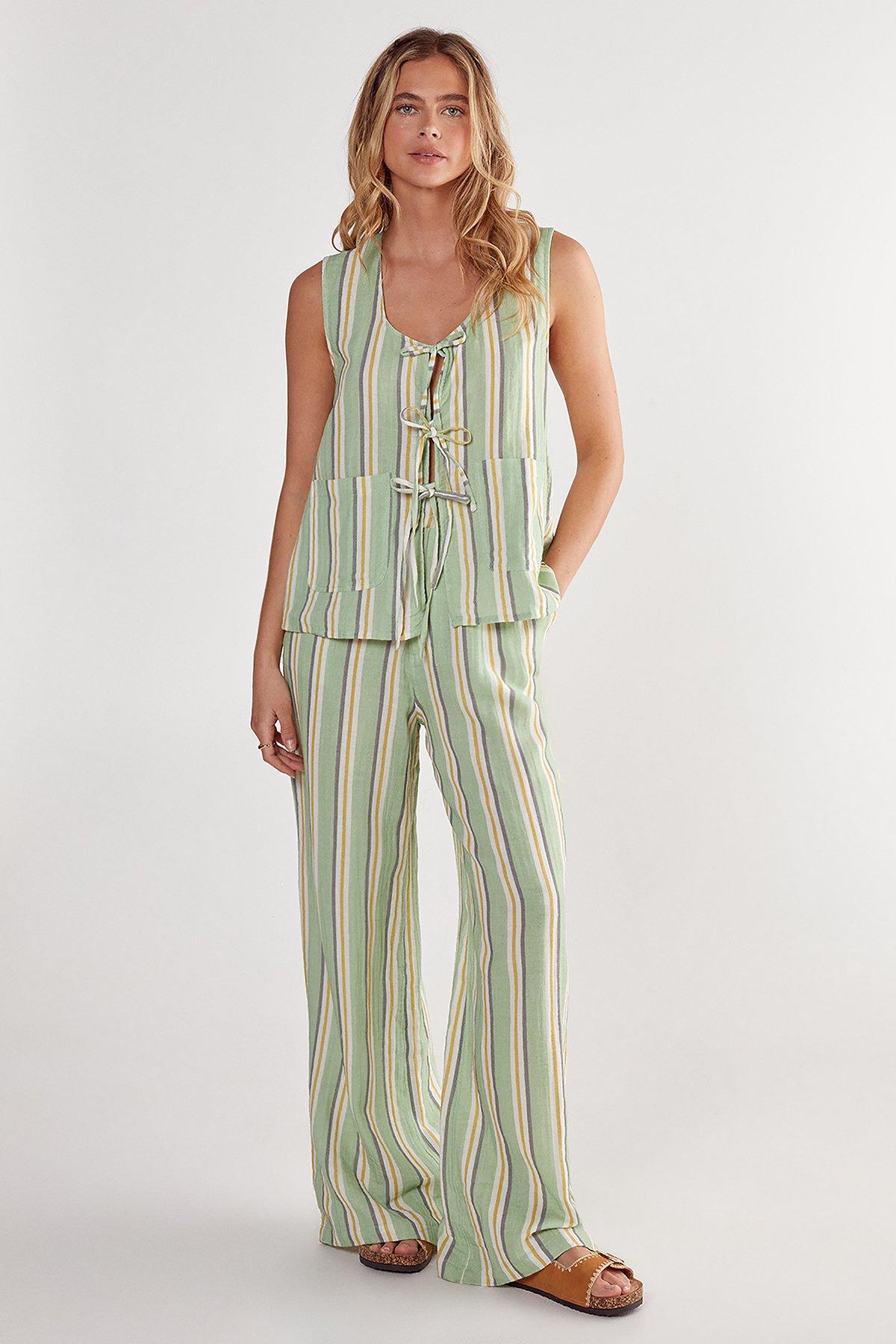 Cotton Gauze Stripe Wide Leg Pants Product Image