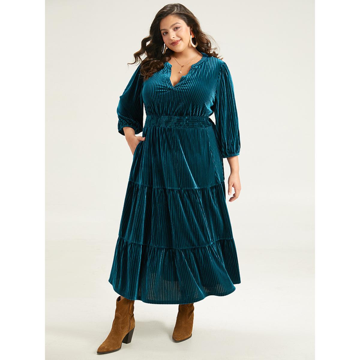 Plus Size Velvet Shirred Pocket Notched Dress Black Women Elegant Elastic cuffs Notched collar Elbow-length sleeve Curvy Midi Dress BloomChic 10/M Product Image
