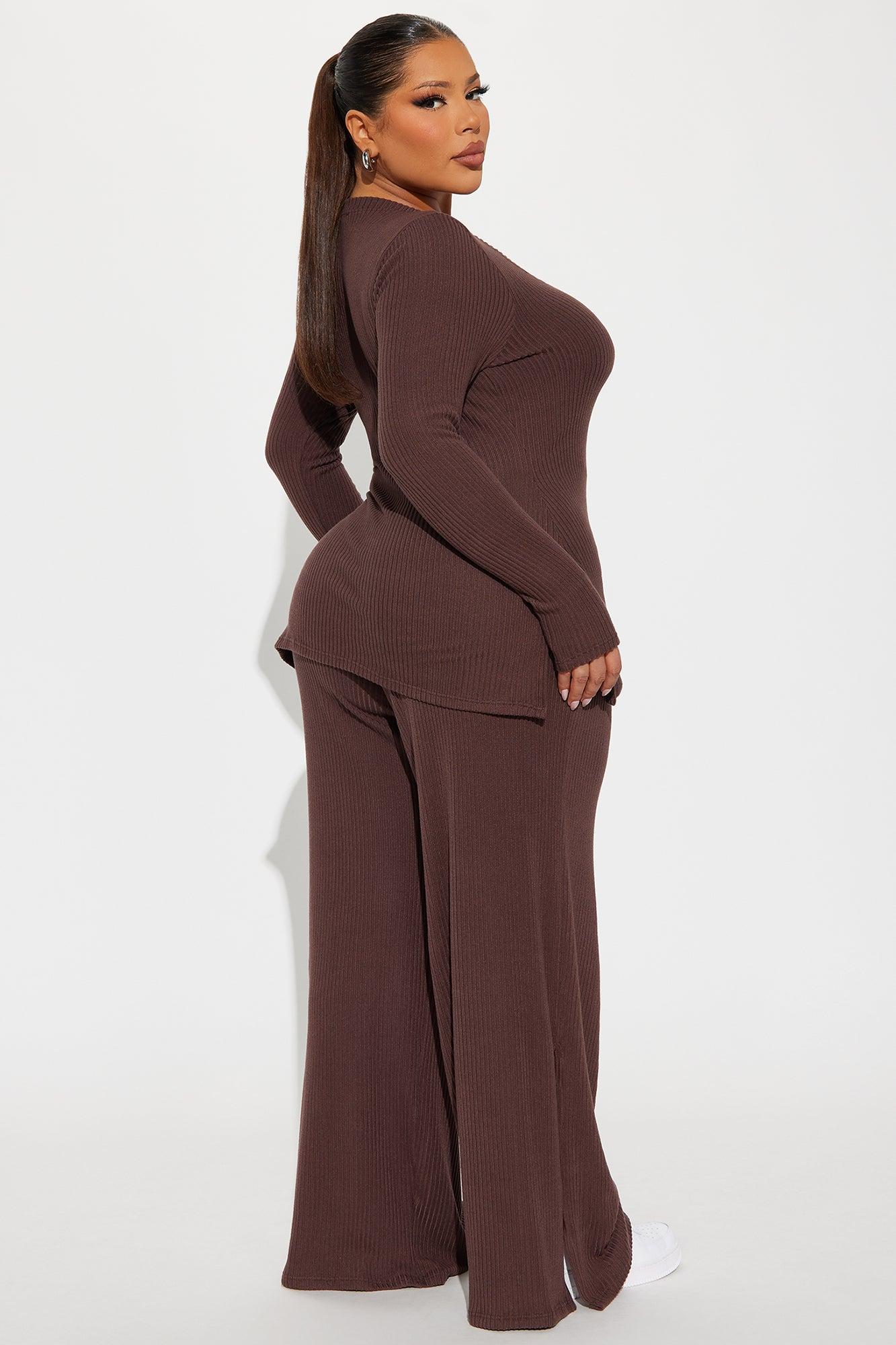 Maya Cozy Ribbed Pant Set - Brown Product Image
