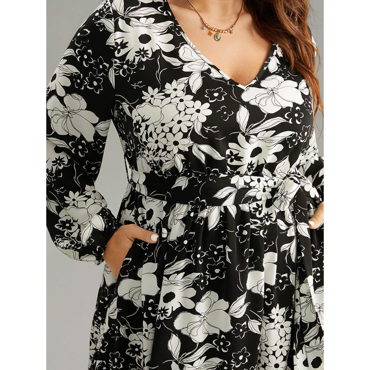 Plus Size Floral Belted V Neck Lantern Sleeve Dress Black Women Casual Elastic cuffs V-neck Long Sleeve Curvy Midi Dress BloomChic 12/L Product Image